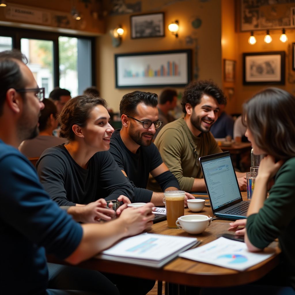 Amigos discutiendo finanzas en un café de Buenos Aires.