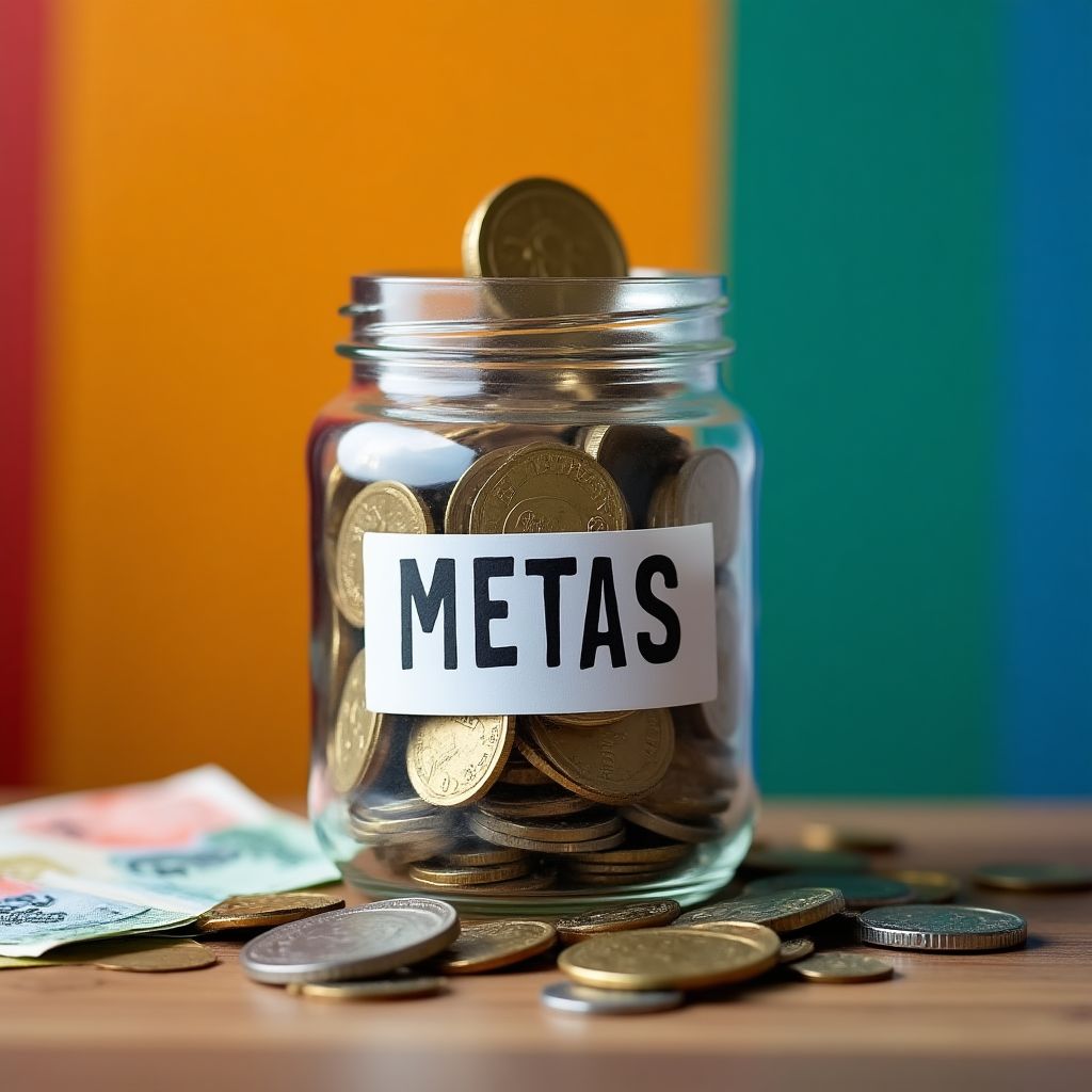 Frasco de vidrio llenándose de monedas y billetes con una etiqueta que dice 'Metas'.