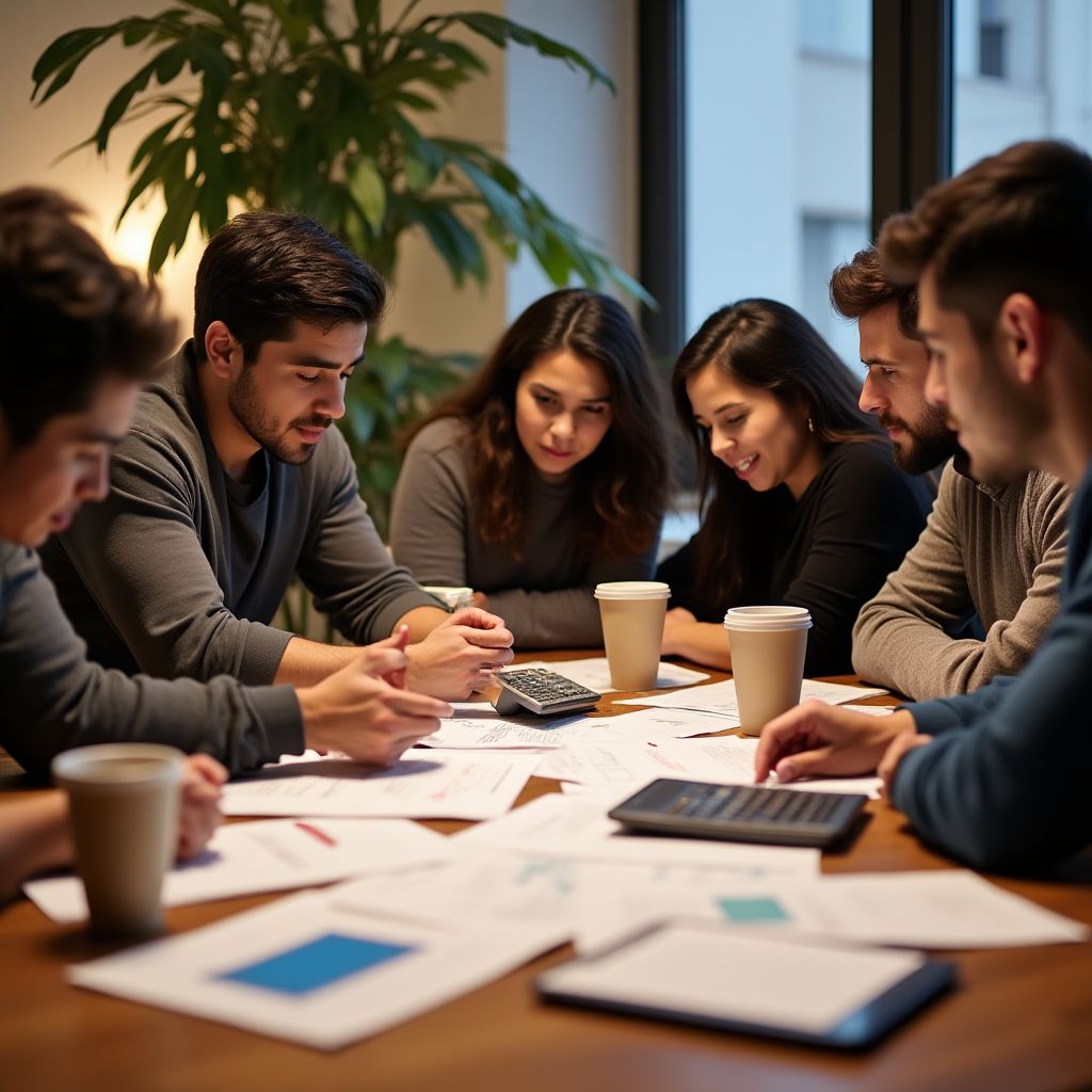 Equipo de finanzas personales planificando en una pizarra.
